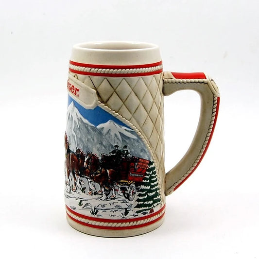 1985 Budweiser Stein Beer Holiday Christmas Mug Wagon Clydesdales Ceramarte