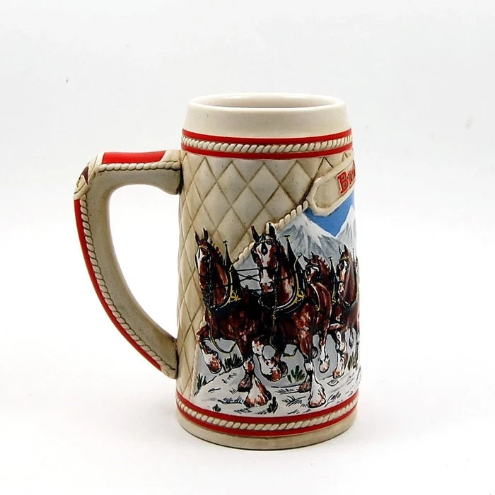1985 Budweiser Stein Beer Holiday Christmas Mug Wagon Clydesdales Ceramarte