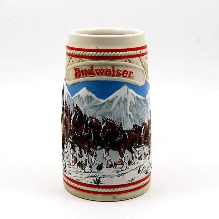 1985 Budweiser Stein Beer Holiday Christmas Mug Wagon Clydesdales Ceramarte