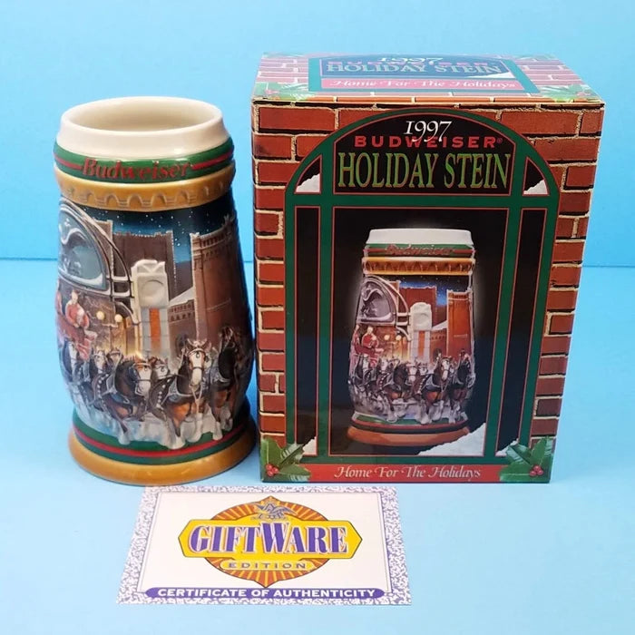 1997 Budweiser Christmas Stein Home For The Holidays Mug COA Ceramarte CS313