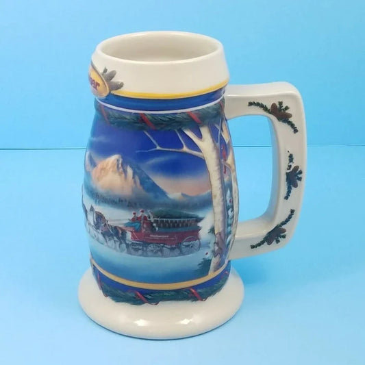 2000 Budweiser Stein Mug Winter Christmas Ceramic Holiday In Mountains CS416