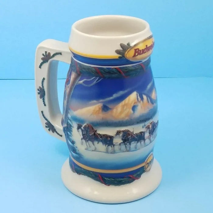 2000 Budweiser Stein Mug Winter Christmas Ceramic Holiday In Mountains CS416