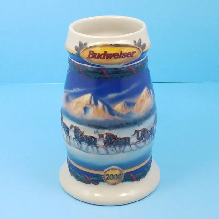2000 Budweiser Stein Mug Winter Christmas Ceramic Holiday In Mountains CS416