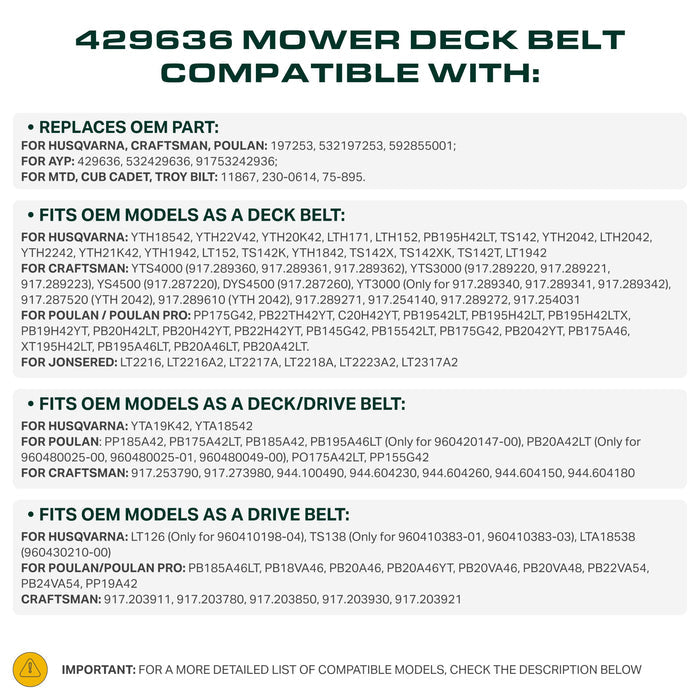 429636 Mower Deck Belt Replacement for Husqvarna YTH18542 | Craftsman YT3000, YS4500 & More | 42-in Deck | Aramid Cord