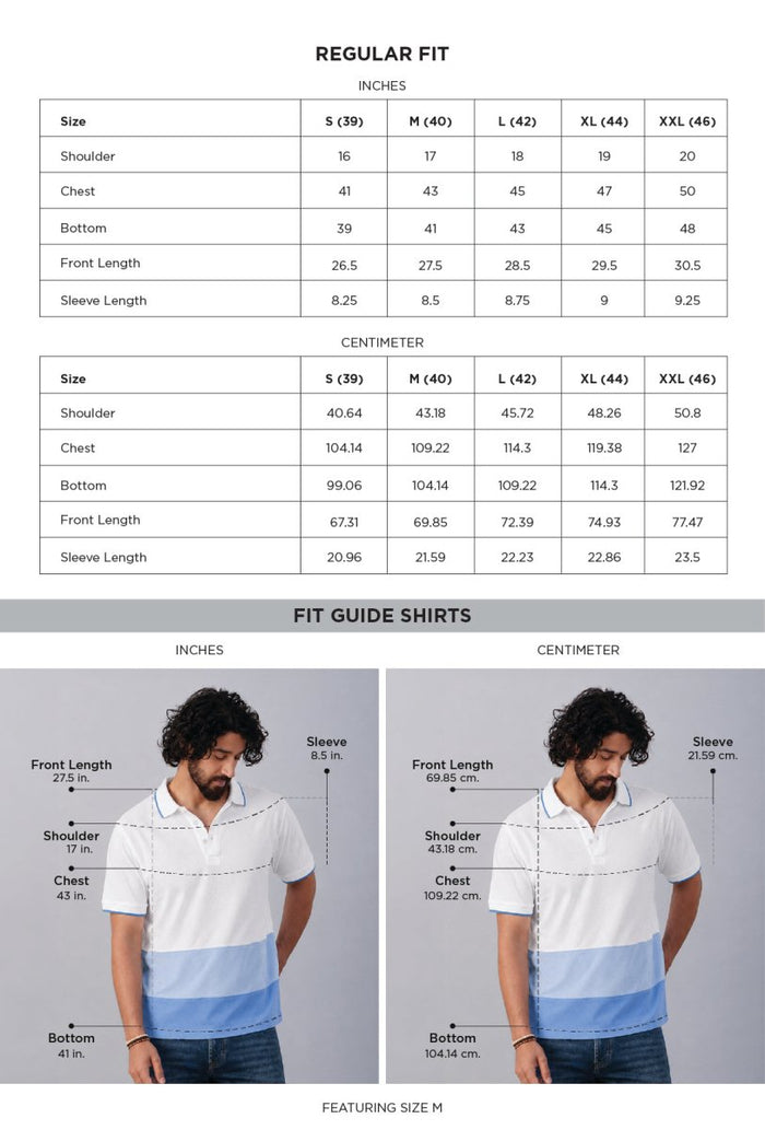 Aeris White Cotton Polo T-Shirt size chart