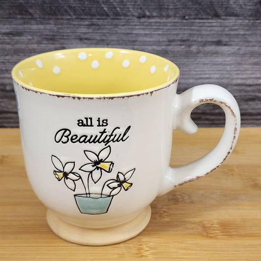 All is Beautiful Quote Mug Cottagecore Flowers Ceramic Cup Embossed Blue Sky