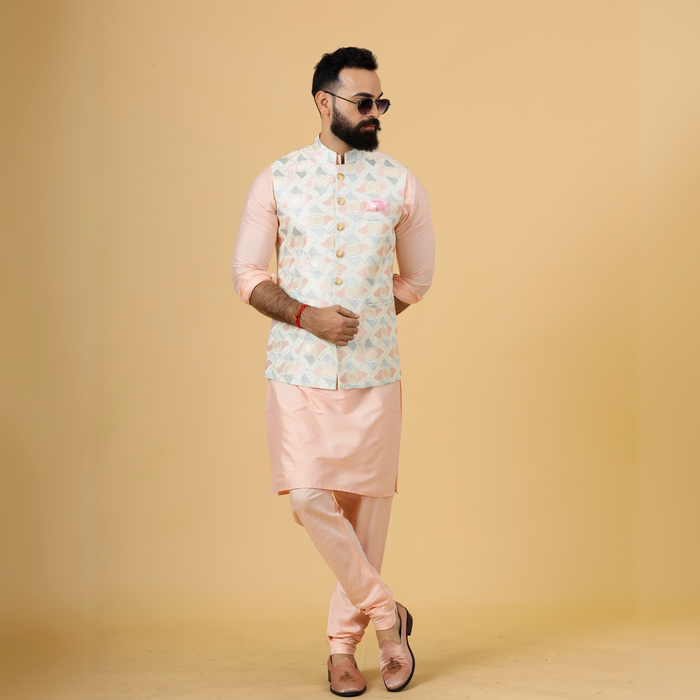 Alluring Beige Abstract Pattern Thread Embroidered Silk Half Jodhpuri Jacket with Peach Kurta-Pajama for Men