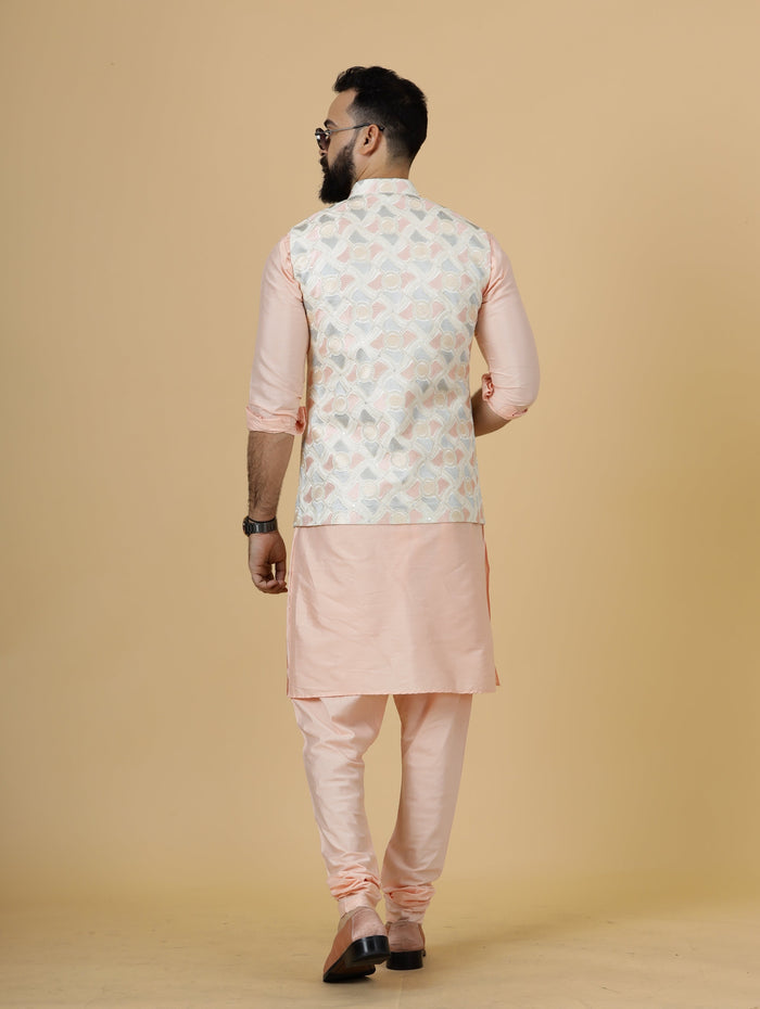 Alluring Beige Abstract Pattern Thread Embroidered Silk Half Jodhpuri Jacket with Peach Kurta-Pajama for Men