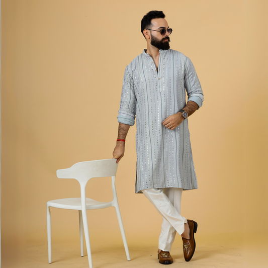 Alluring Grey Dual Color Mirror Embroidered Kurta-Pajama for Men