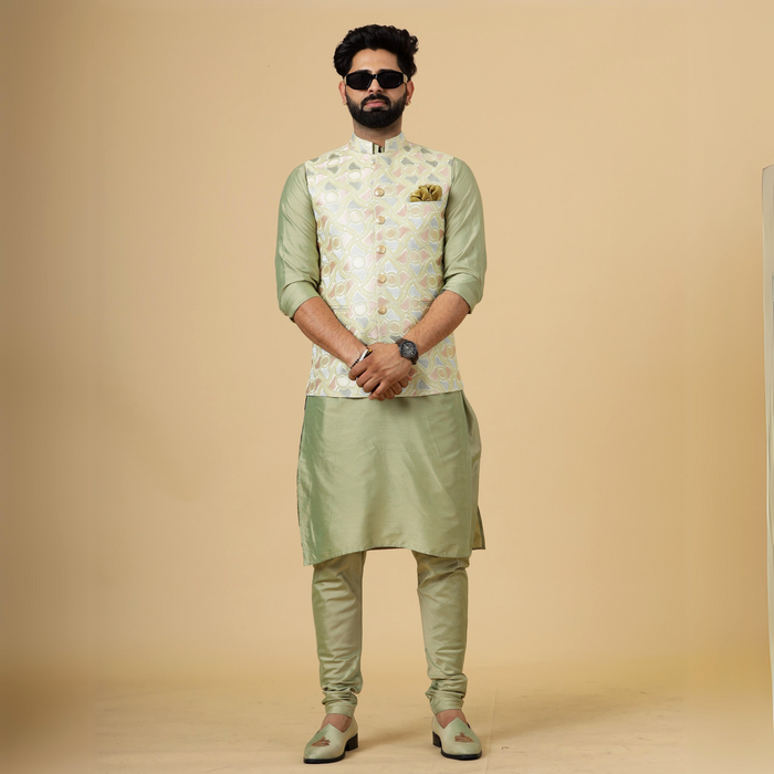 Alluring Lemon-Yellow Thread Embroidered Silk Half Jodhpuri Jacket with Lime Green Kurta-Pajama for Men