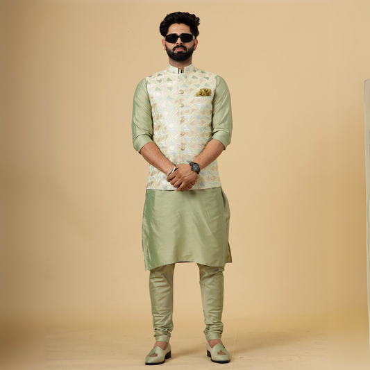 Alluring Lemon-Yellow Thread Embroidered Silk Half Jodhpuri Jacket with Lime Green Kurta-Pajama for Men