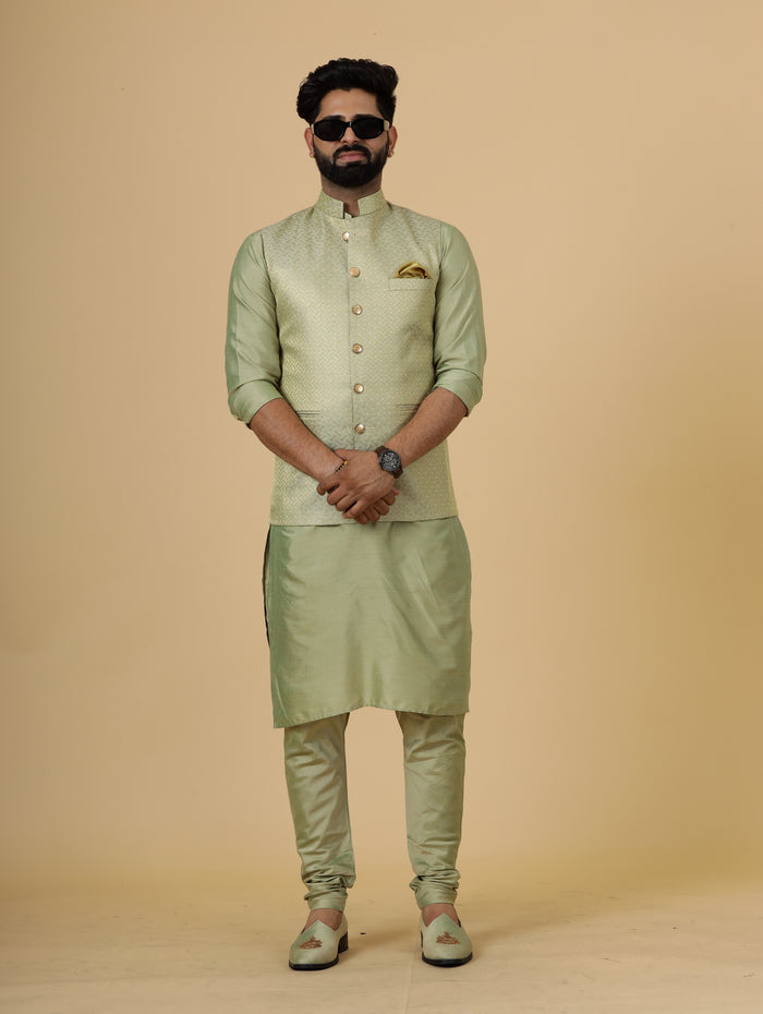 Alluring Lime Gold Banarsi Silk Half Jodhpuri Jacket with Lime Green Kurta-Pajama for Men