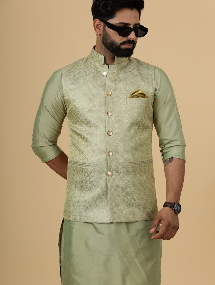 Alluring Lime Gold Banarsi Silk Half Jodhpuri Jacket with Lime Green Kurta-Pajama for Men