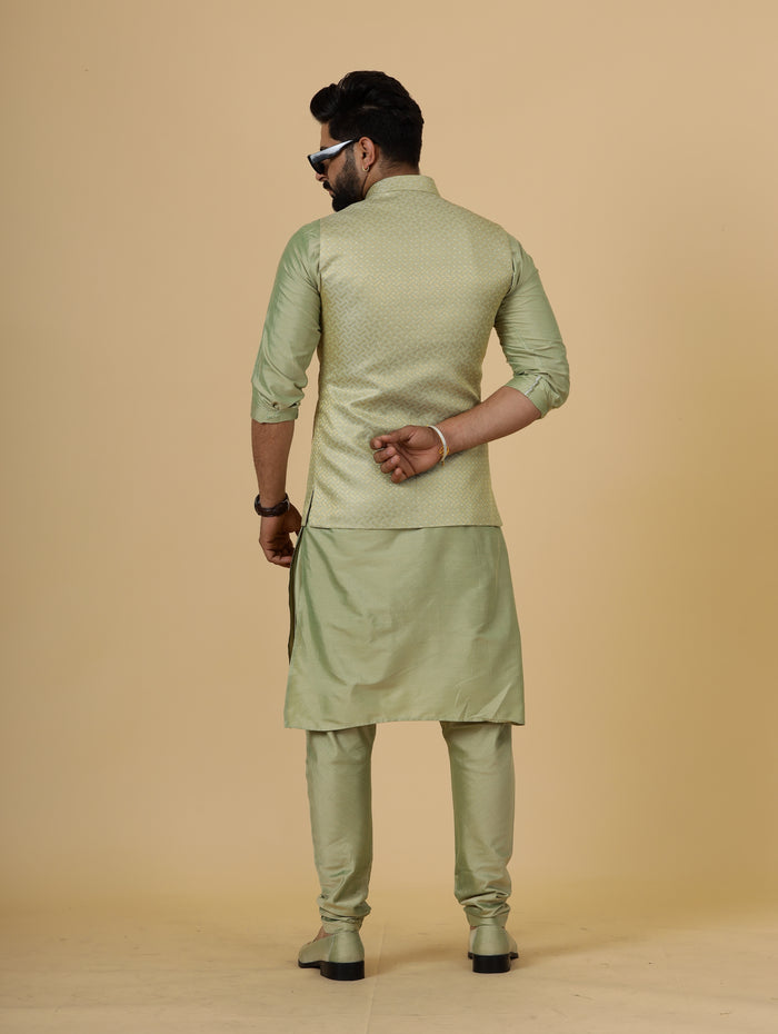 Alluring Lime Gold Banarsi Silk Half Jodhpuri Jacket with Lime Green Kurta-Pajama for Men