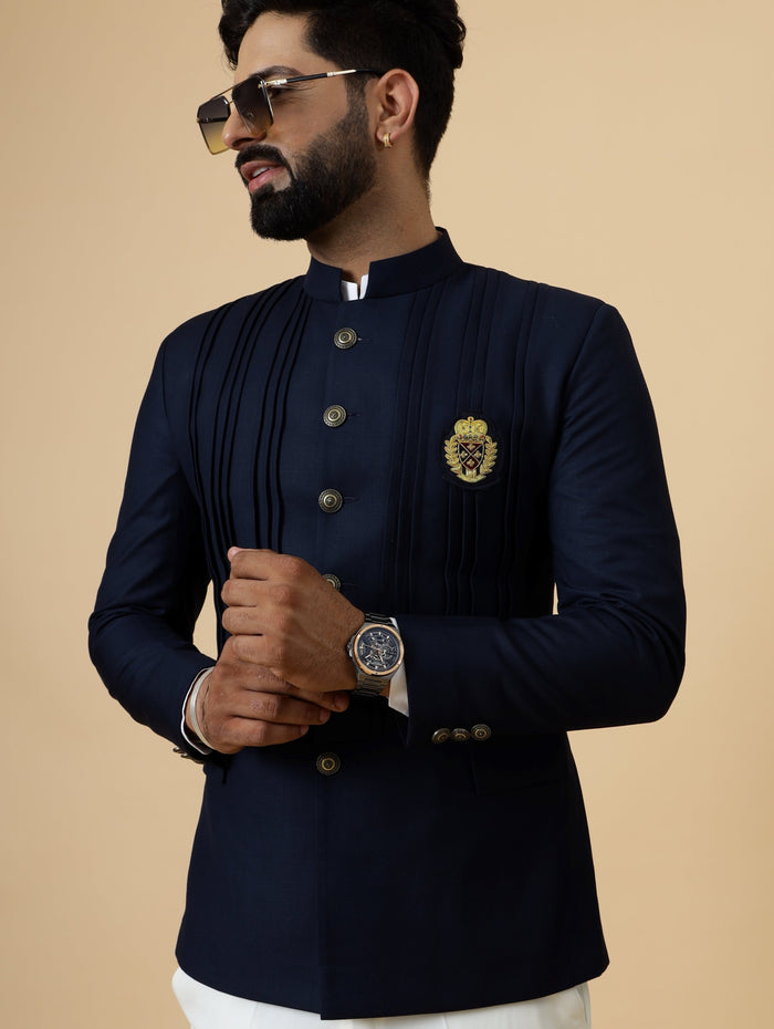 Alluring Navy Blue Pleated Jodhpuri Bandhgala with embroidered Patch | White Trouser