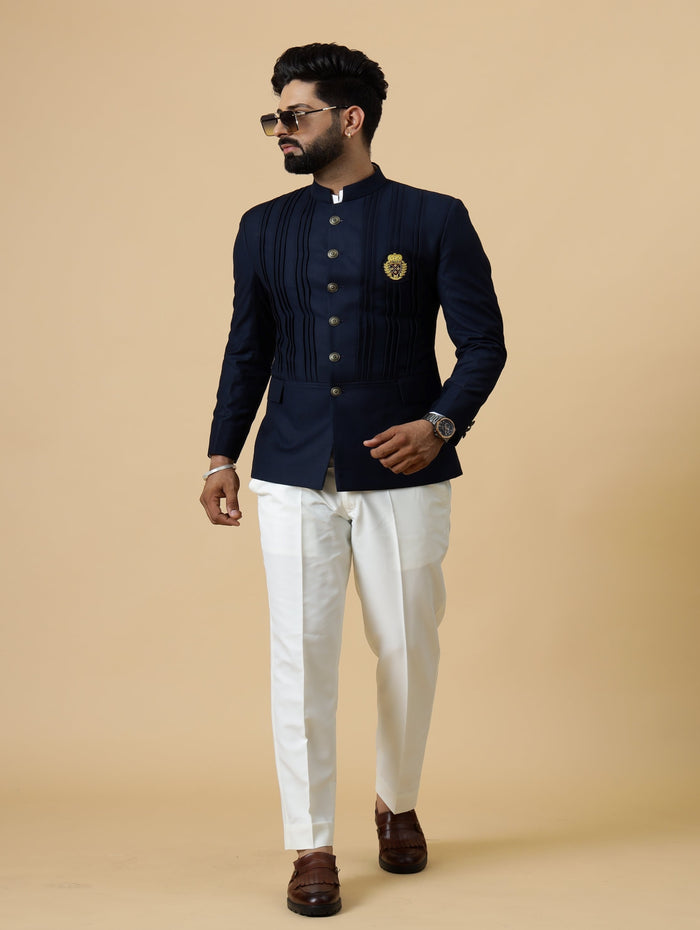 Alluring Navy Blue Pleated Jodhpuri Bandhgala with embroidered Patch | White Trouser