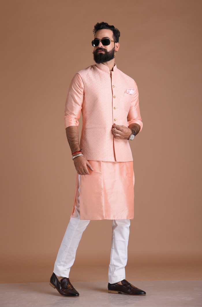 Alluring Pink Embroidered Half Jodhpuri Jacket with Kurta Pajama Set