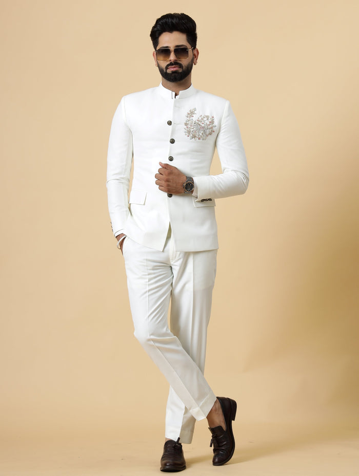 Alluring White Aari Embroidered Jodhpuri Suit for Men