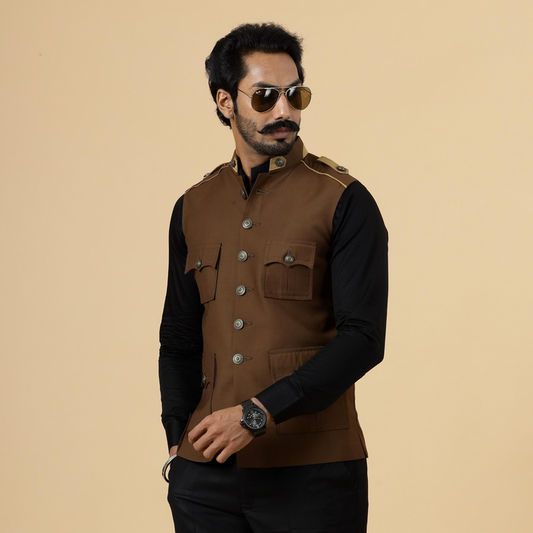 A man wearing an almond brown semi-hunting Rajputana jacket with a mandarin collar, paired with black trousers and sunglasses.