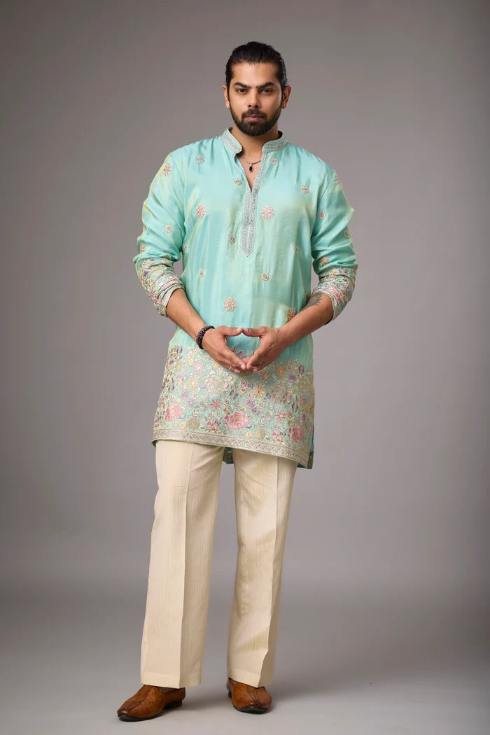 Kurta Set for Men Online India – Aqua Floral Panel Ethnic Wear | Mahavir NX
