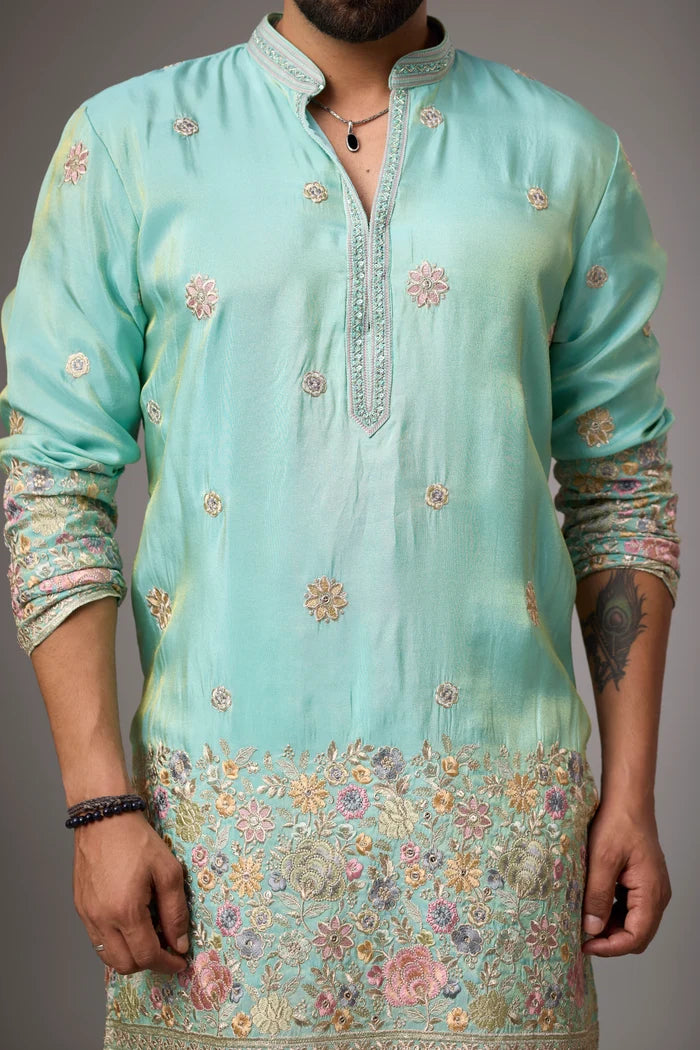 Aqua Mint Heritage Kurta Pajama Set – Front View | Mahavir NX