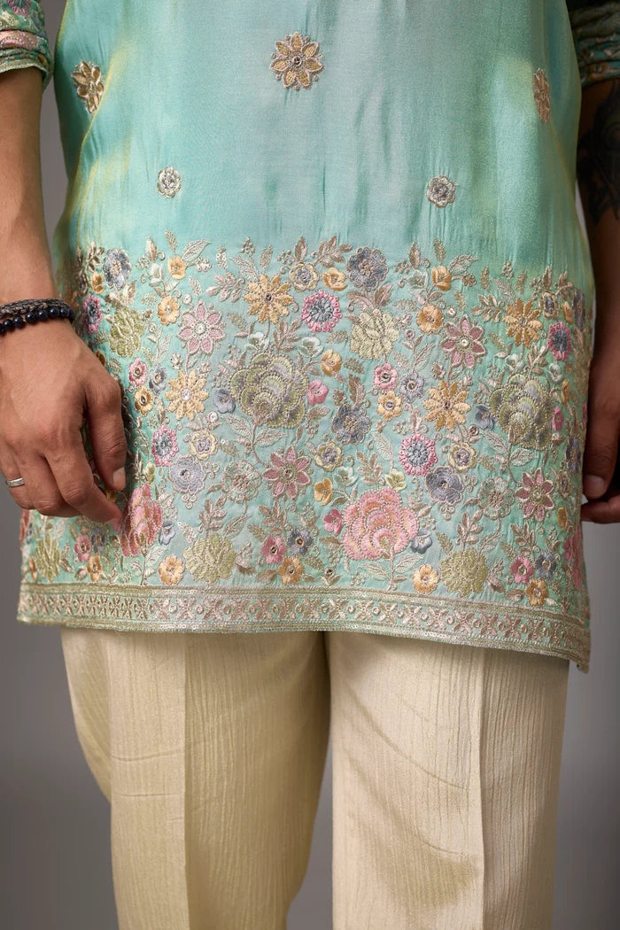 Designer Aqua Embroidered Ethnic Kurta – Side View | Mahavir NX
