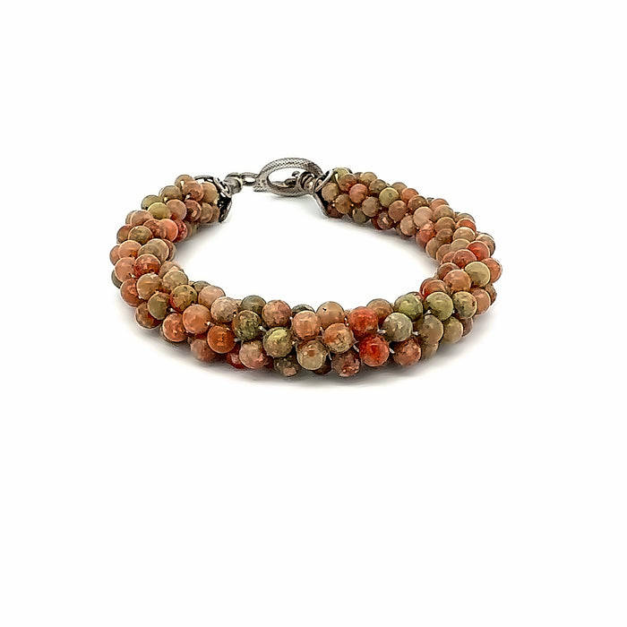 Autumn Jasper Crocheted Bracelet, Size 7.25, Smooth Round Beads, Sterling Silver Toggle