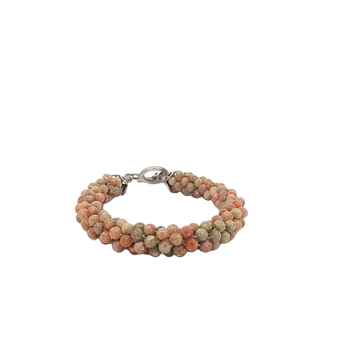 Autumn Jasper Crocheted Bracelet, Size 7.25, Smooth Round Beads, Sterling Silver Toggle