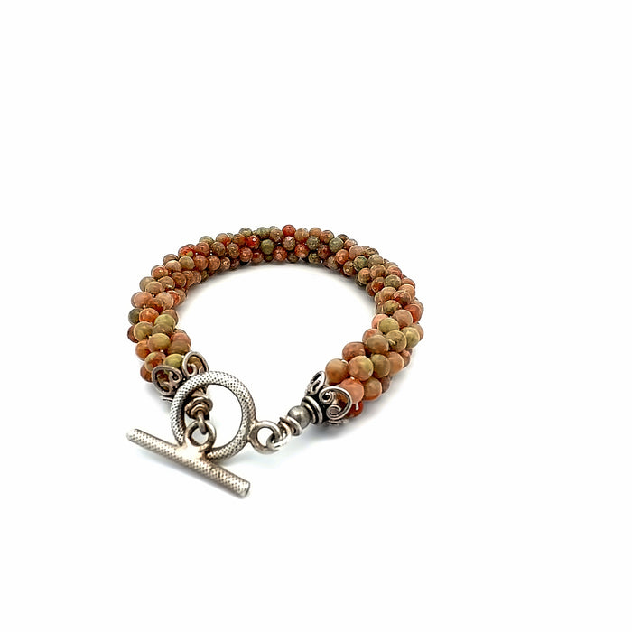 Autumn Jasper Crocheted Bracelet, Size 7.25, Smooth Round Beads, Sterling Silver Toggle