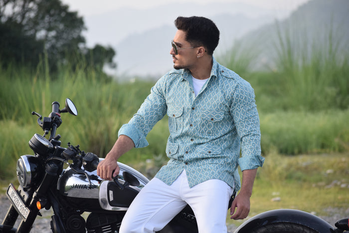 Azure Blue Ikat Print Hunting Style Shirt
