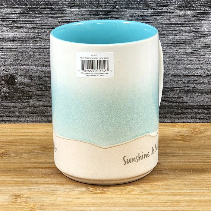 Beach Seafoam Coffee Mug Sunshine Tea Cup Ceramic Embossed Ocean Blue Sky 18oz