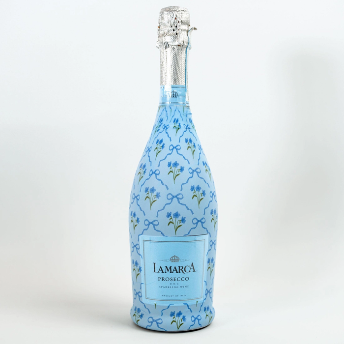 Lamarck prosecco Beau Bottle Blue Bows and Blossoms Prosecco Bottle Wrap