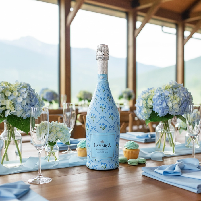 Beau Bottle Blue Bows and Blossoms Prosecco Bottle Wrap