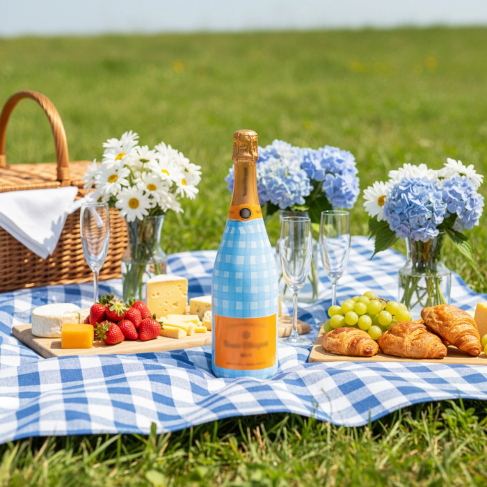 Beau Bottles Powder Blue Picnic Gingham Champagne Bottle Wrap