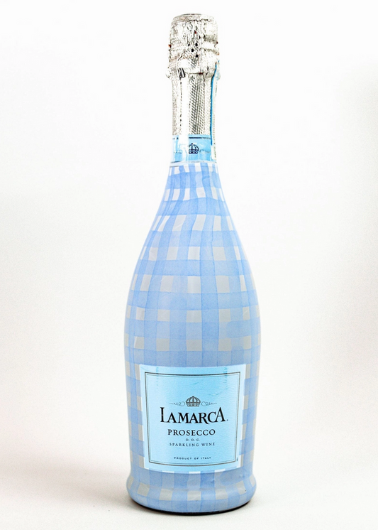champagne prosecco wrap Powder Blue Picnic Gingham bottle wrap by Beau Bottles
