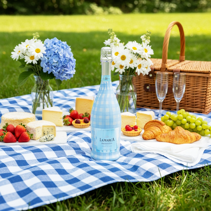 Beau Bottles Powder Blue Picnic Gingham Prosecco Bottle Wrap