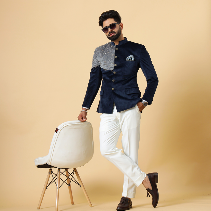 Beautiful Aari Work Royal Navy-Grey Bandhgala in Silky Smooth Velvet Fabric
