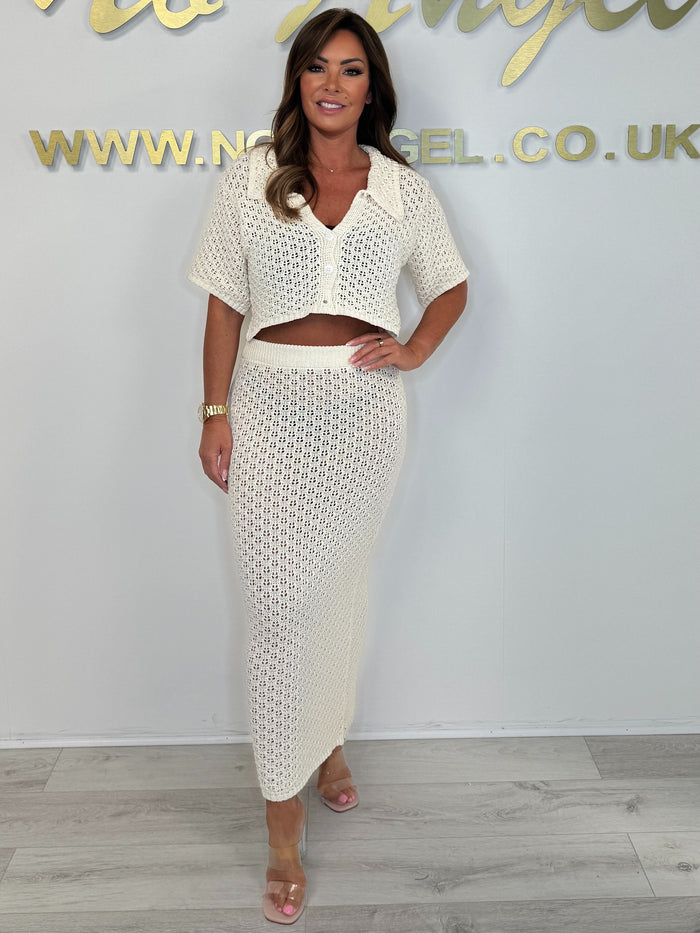Beige Crochet Cropped Collared Top & Maxi Skirt Co-ord