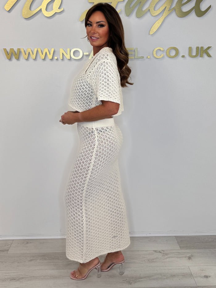 Beige Crochet Cropped Collared Top & Maxi Skirt Co-ord