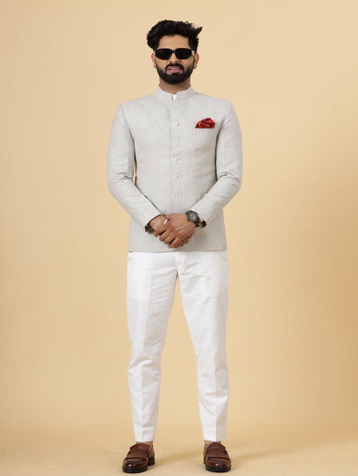 Bespoke Beige Linen Jodhpuri Bandhgala Blazer for Men