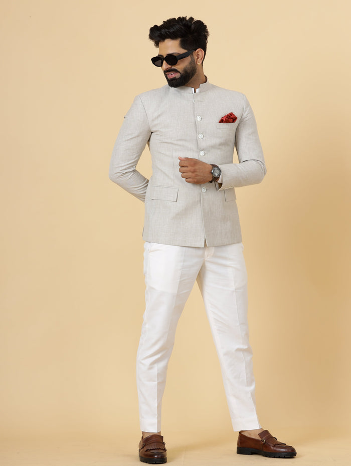Bespoke Beige Linen Jodhpuri Bandhgala Blazer for Men