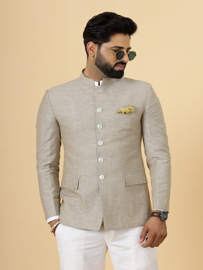 Bespoke Camel Brown Linen Jodhpuri Bandhgala Suit For Men | White Trouser |