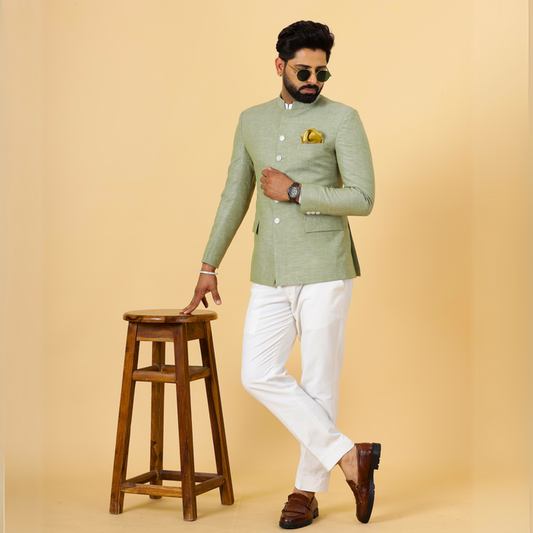 Bespoke Fern Green Linen Jodhpuri Bandhgala Suit For Men | White Trouser |