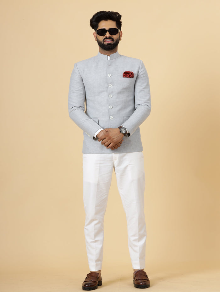 Bespoke Grey Linen Jodhpuri Bandhgala Suit For Men | White Trouser |