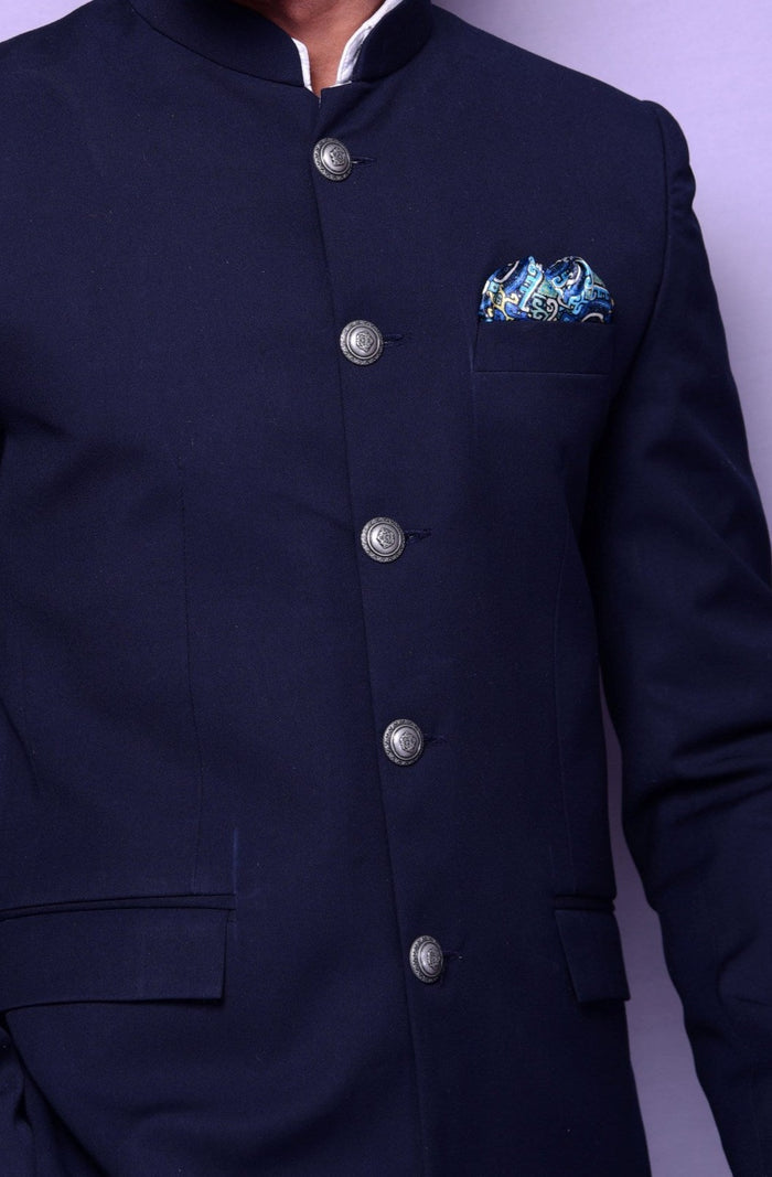 Bespoke Handmade Navy Blue Jodhpuri Bandgala Blazer with White Trouser