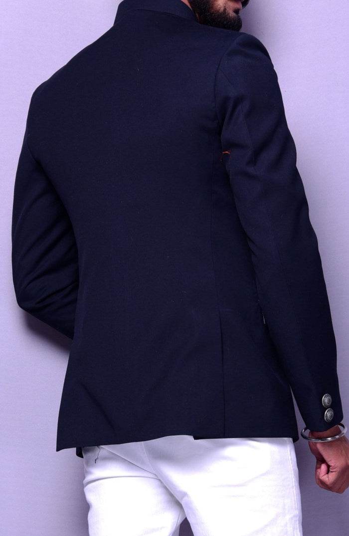 Bespoke Handmade Navy Blue Jodhpuri Bandgala Blazer with White Trouser