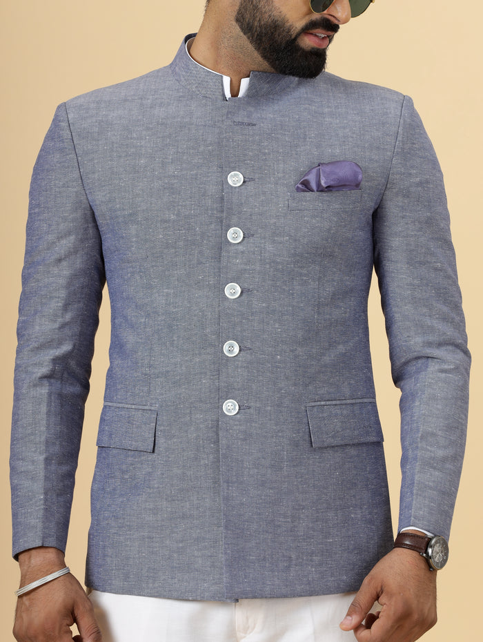 Bespoke Midnight Blue Linen Jodhpuri Bandhgala Suit For Men | White Trouser |