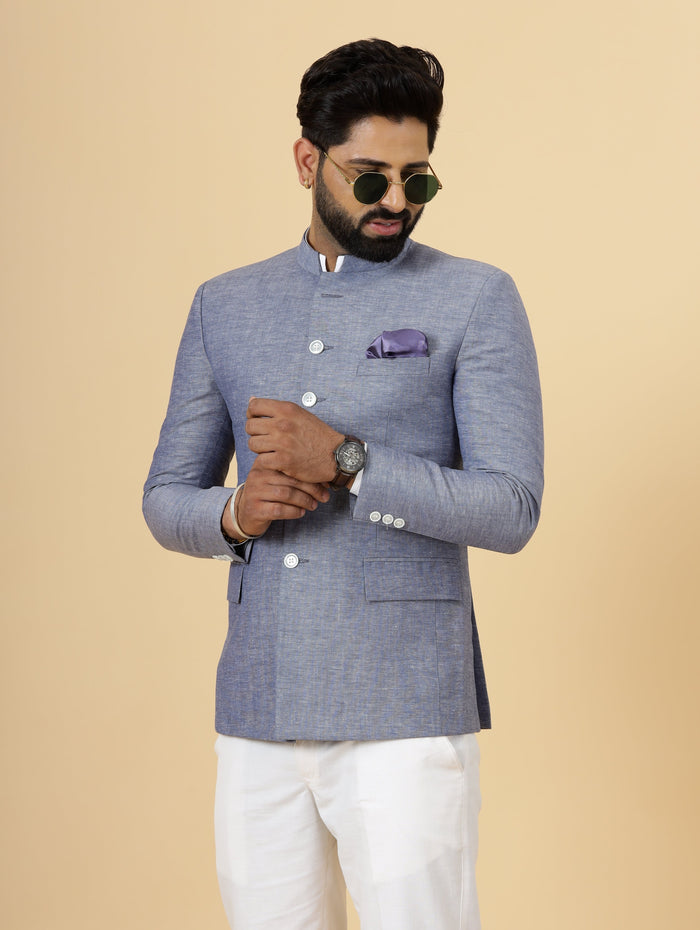 Bespoke Midnight Blue Linen Jodhpuri Bandhgala Suit For Men | White Trouser |