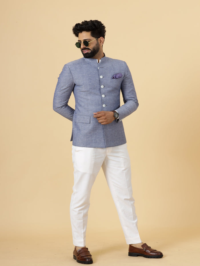 Bespoke Midnight Blue Linen Jodhpuri Bandhgala Suit For Men | White Trouser |