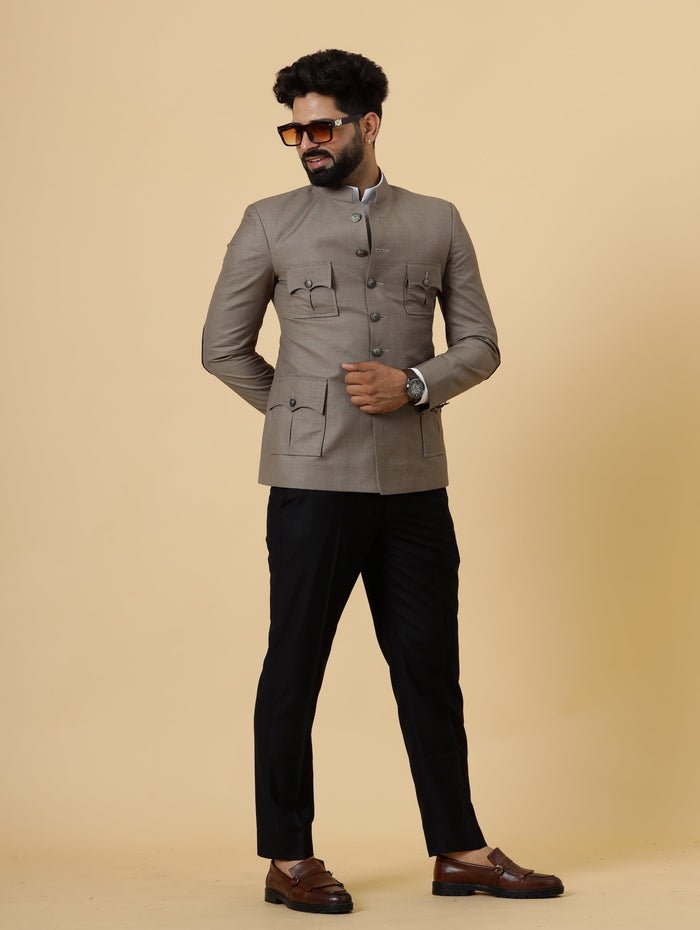 Bespoke Mink Brown Jodhpuri Bandhgala with patch elbow detail for Men | Black Trouser |